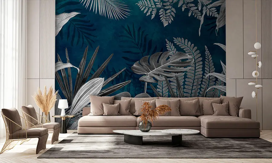 murales de pared Hojas tropicales sobre fondo azul en estilo grunge u94419