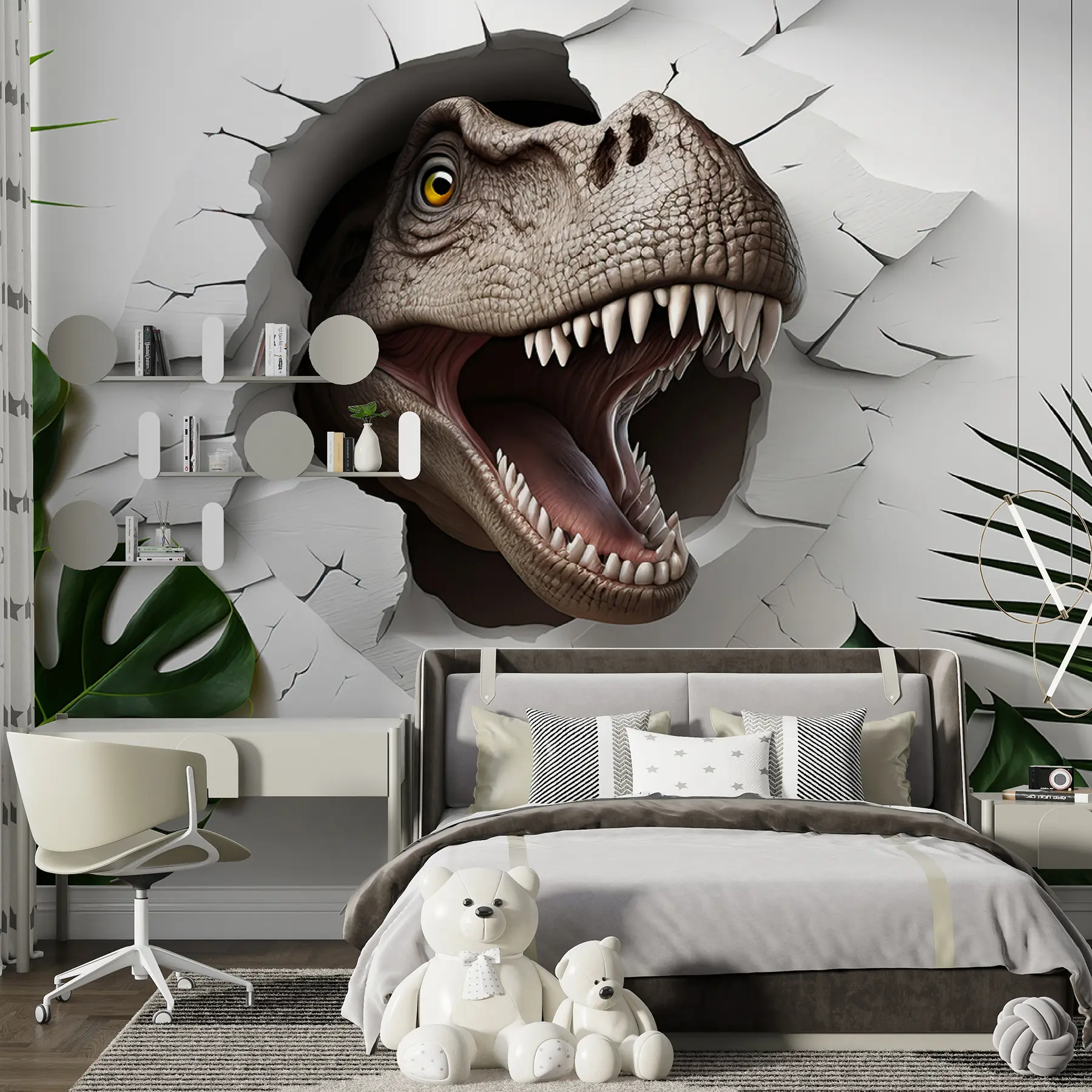 murales de pared dinosaurio 3D y hojas u94772