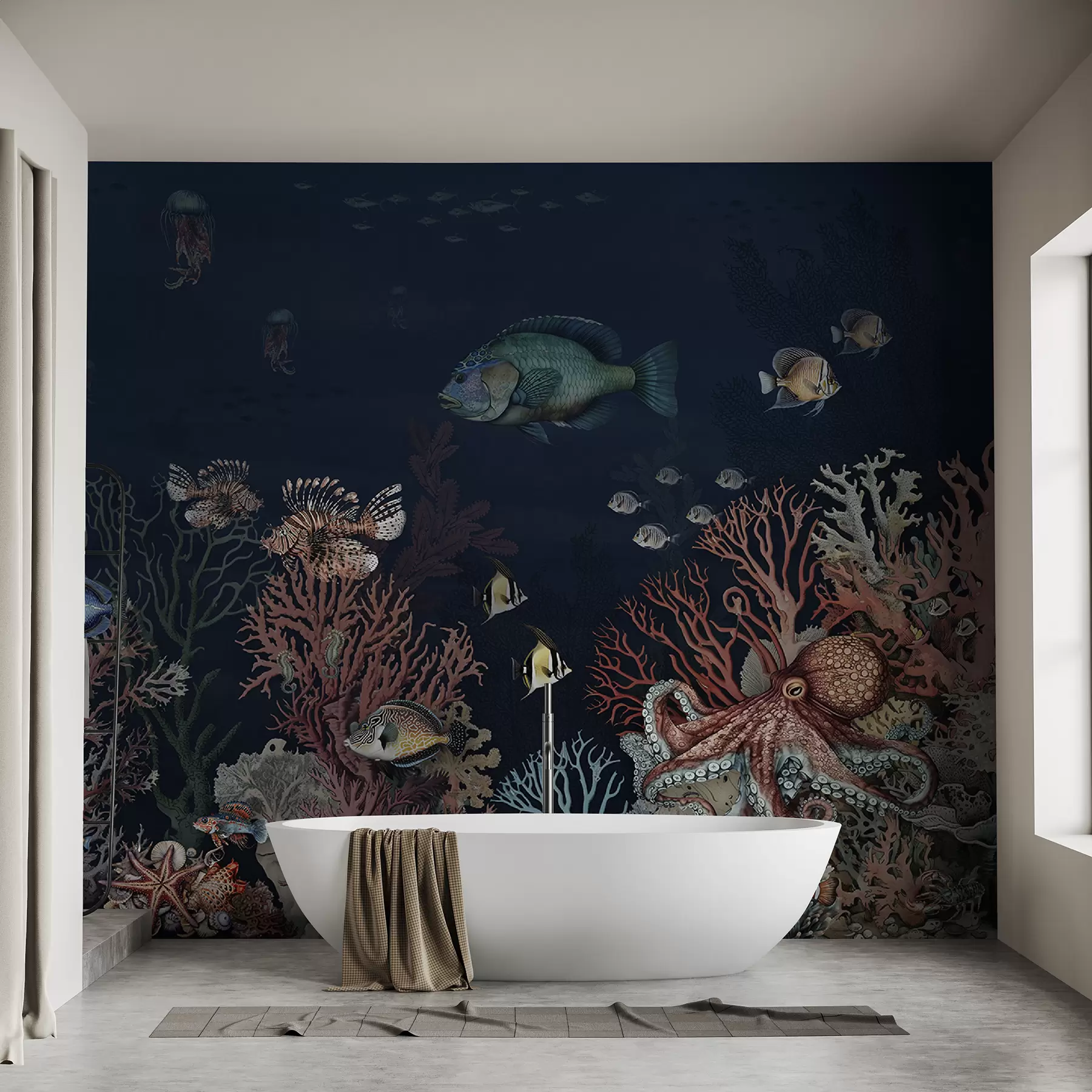 murales de pared Arrecifes de coral y peces en las profundidades de la bahía u94467