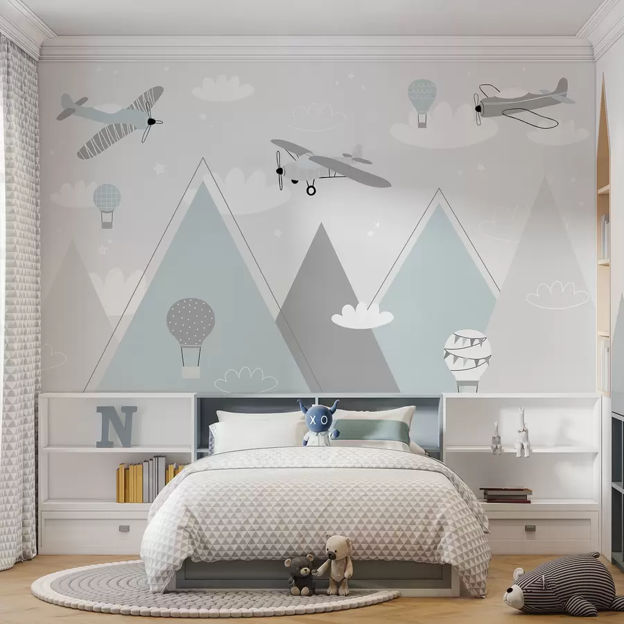 murales de pared Montañas, aviones, aviones y estrellas al estilo escandinavo u95044