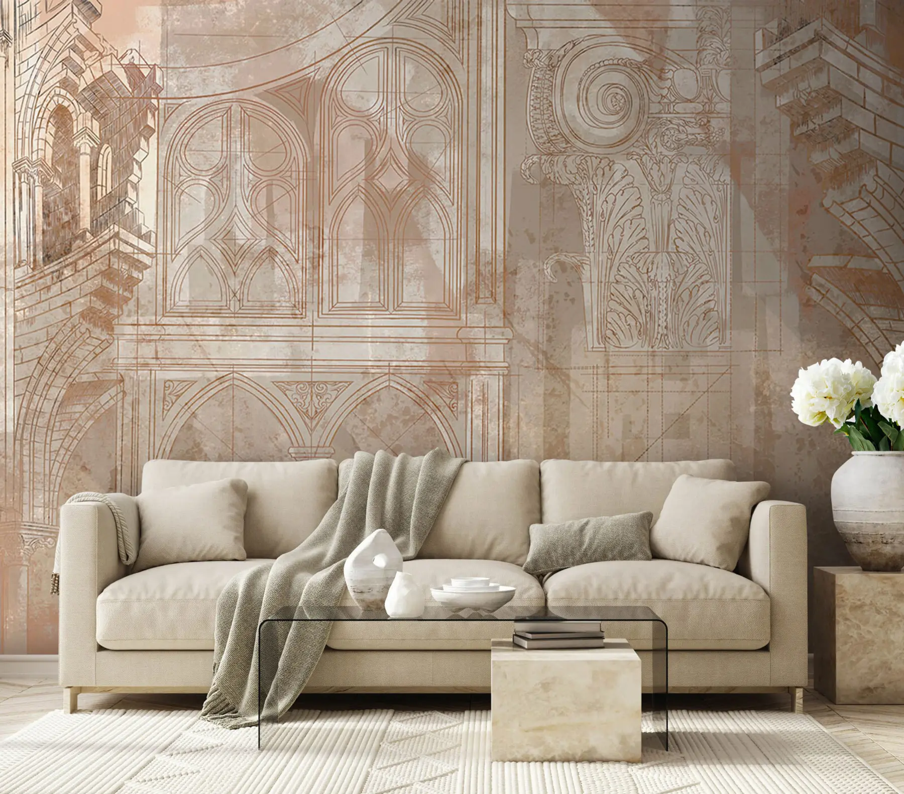 murales de pared Dibujo de arte arquitectónico de columnas y monograma u95126