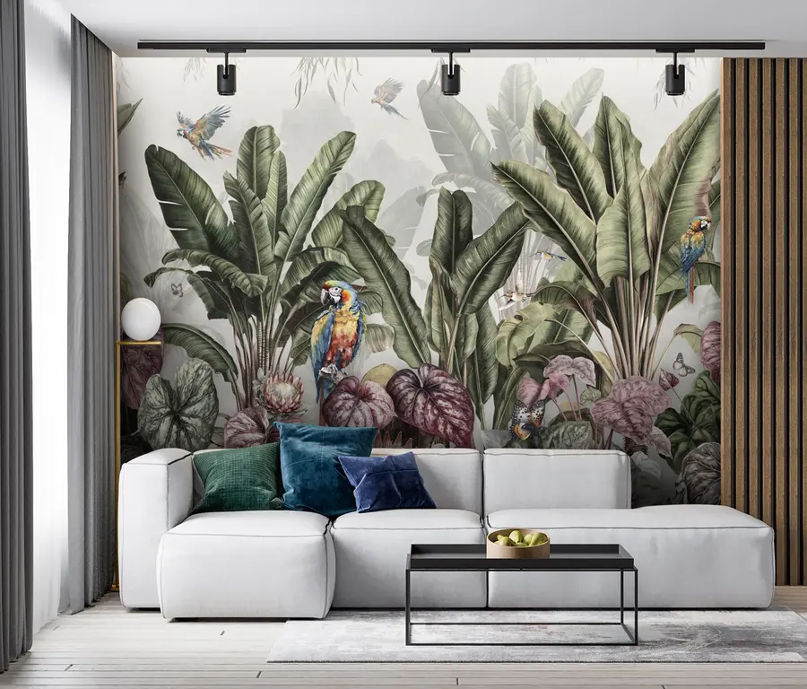 murales de pared Palmas de plátano tropicales en un paisaje con guacamayos y mariposas en estilo vintage u95371