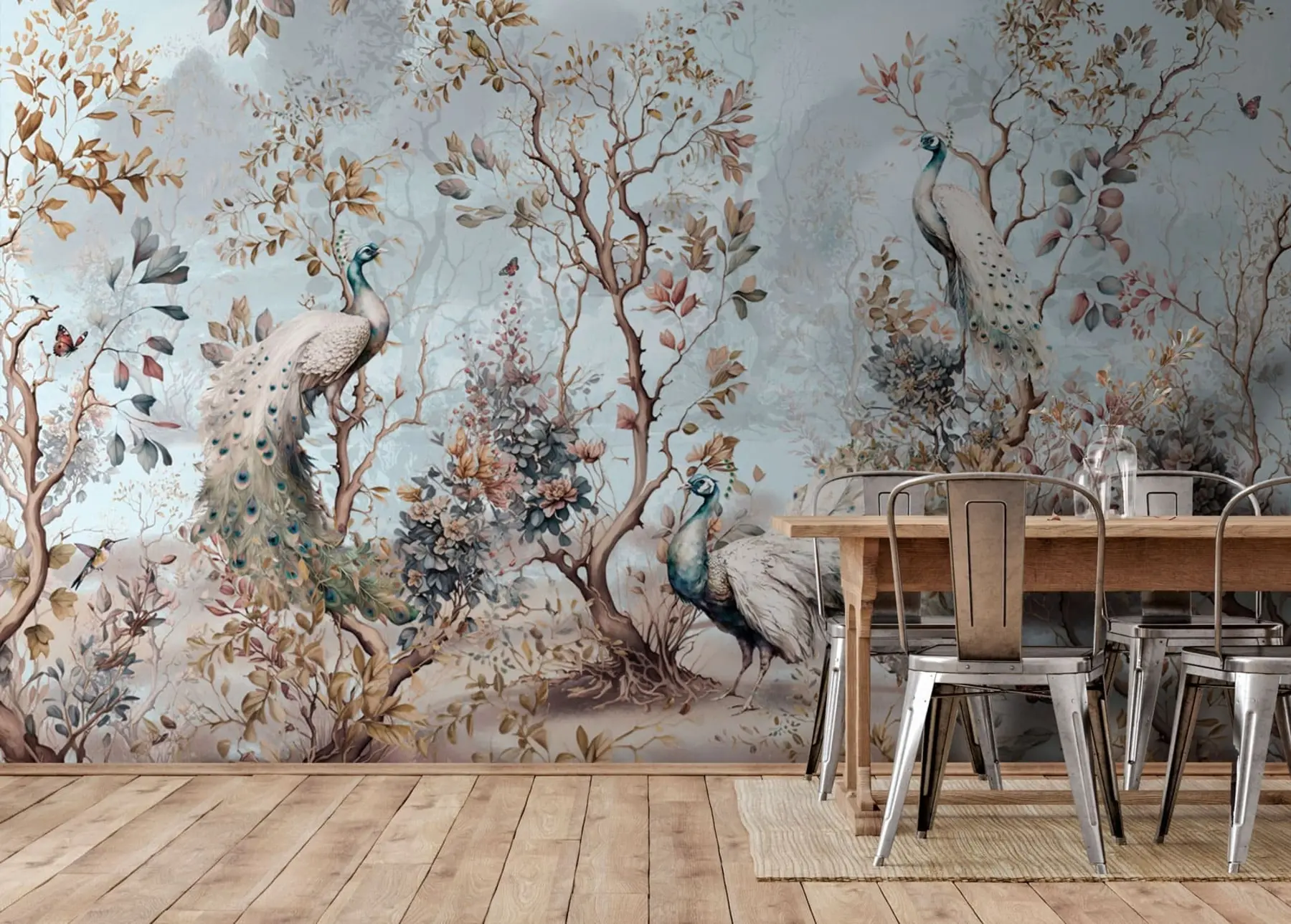 murales de pared Chinoiserie estilo chino plantas y pavos reales u94849