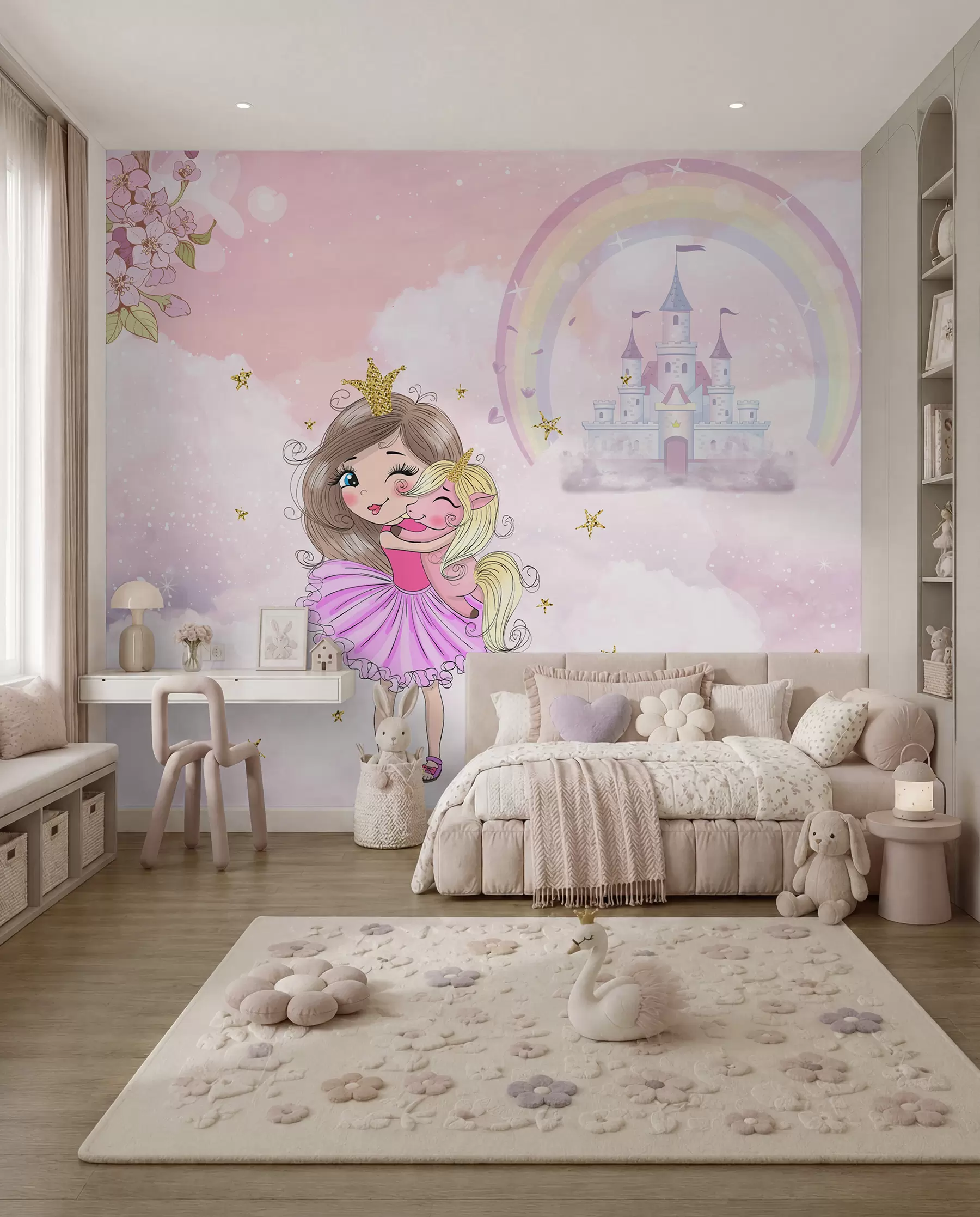 murales de pared Princesa y unicornio en el fondo del castillo con un arco iris u95401