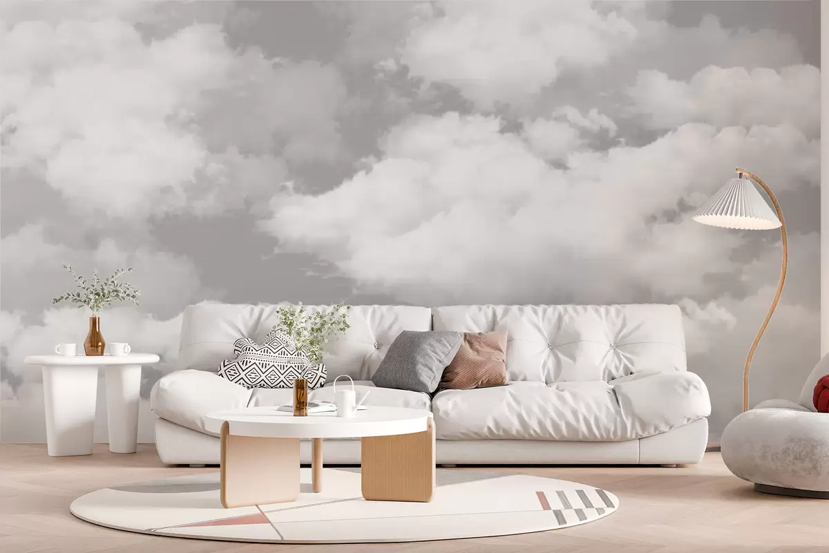 murales de pared Las nubes blancas sobre un cielo gris son una nueva tendencia en el interior. u94178