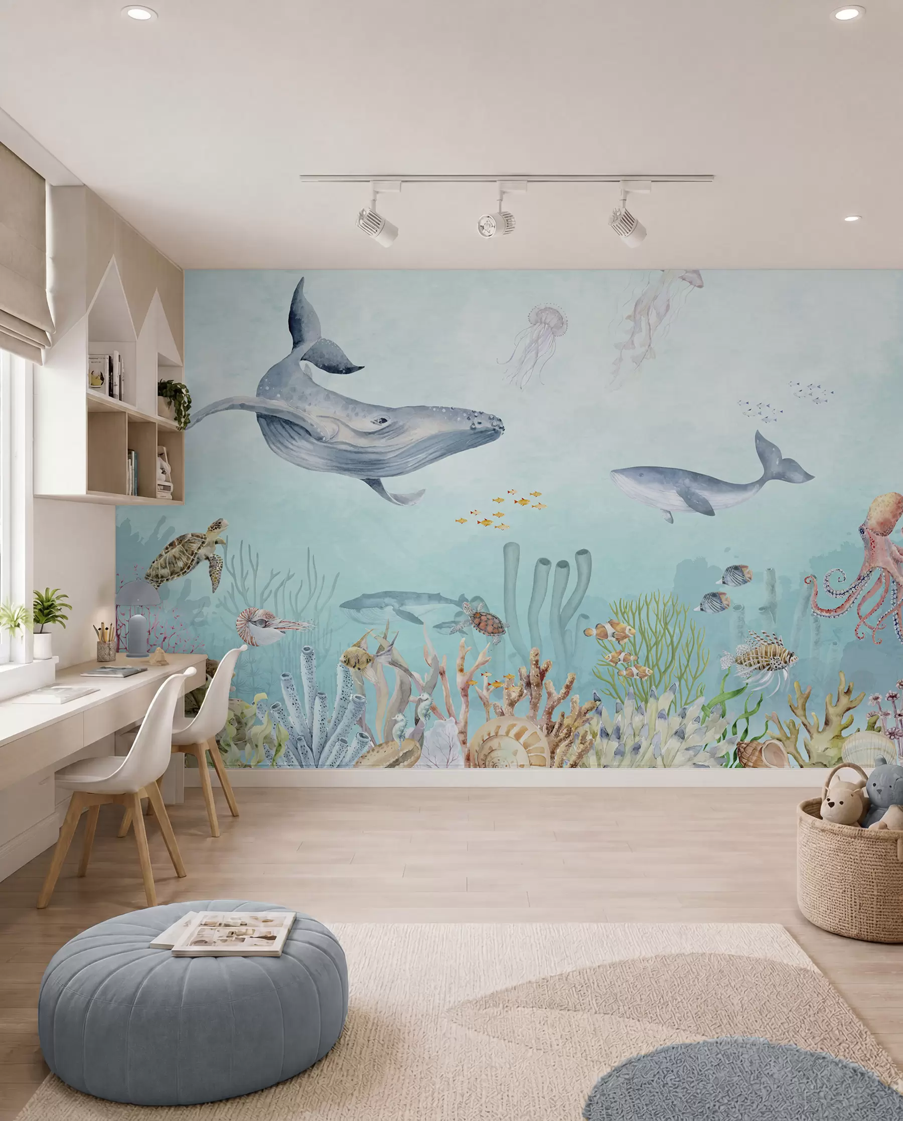 murales de pared Universo marino, grandes ballenas, peces y tortugas u95446