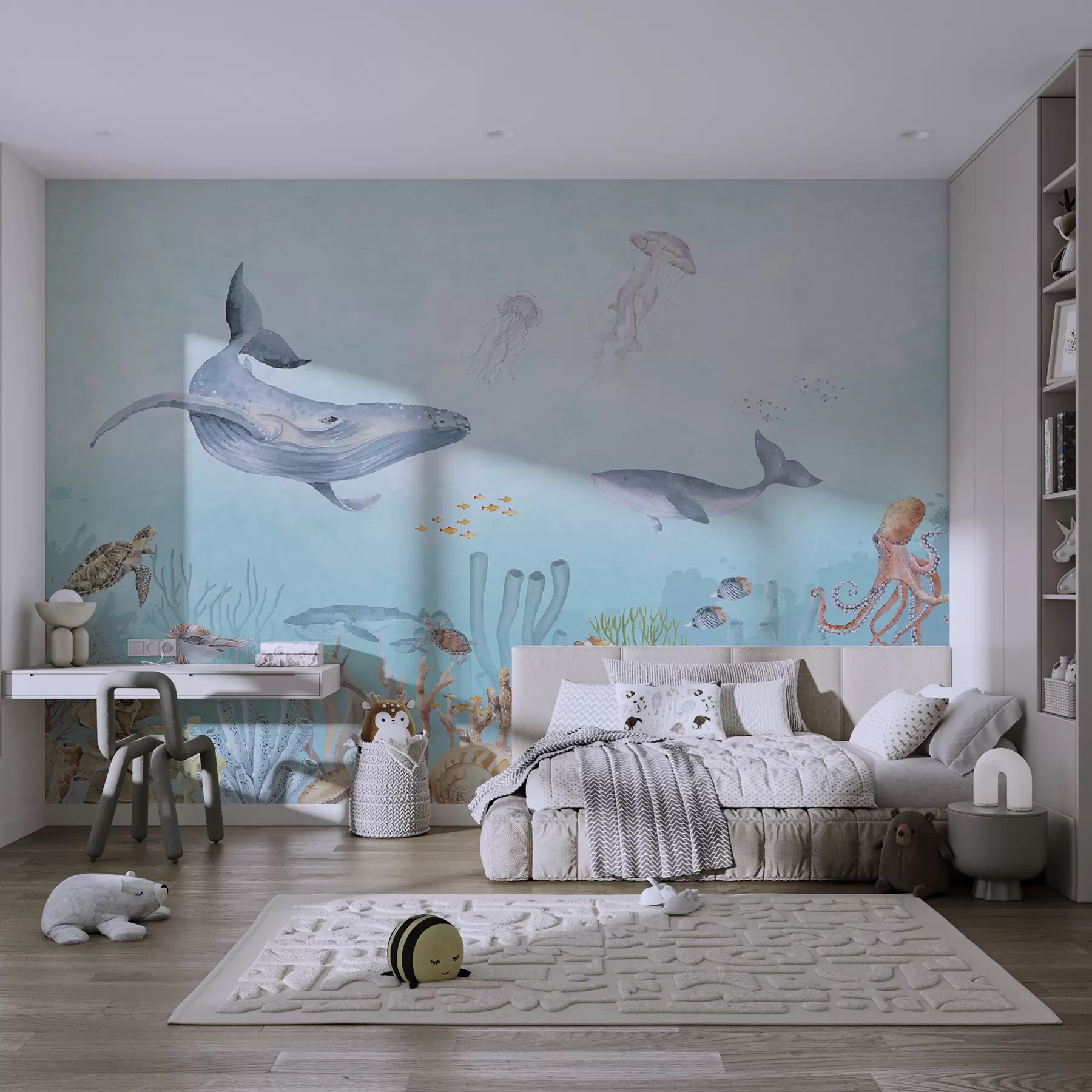 murales de pared Universo marino, grandes ballenas, peces y tortugas u95446
