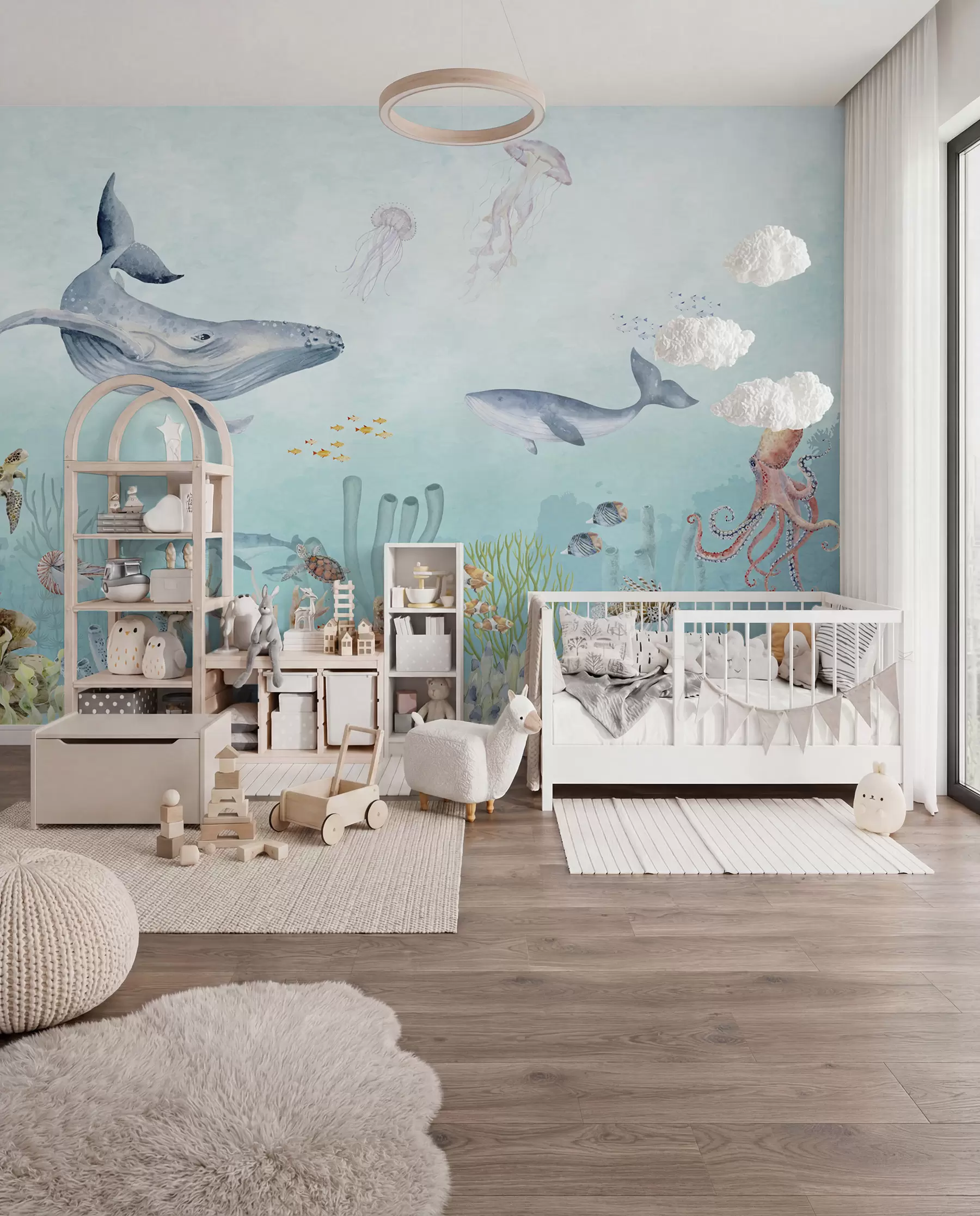 murales de pared Universo marino, grandes ballenas, peces y tortugas u95446