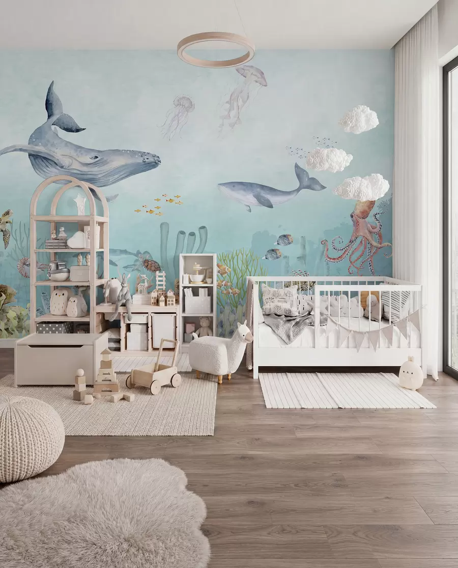 murales de pared Universo marino, grandes ballenas, peces y tortugas u95446