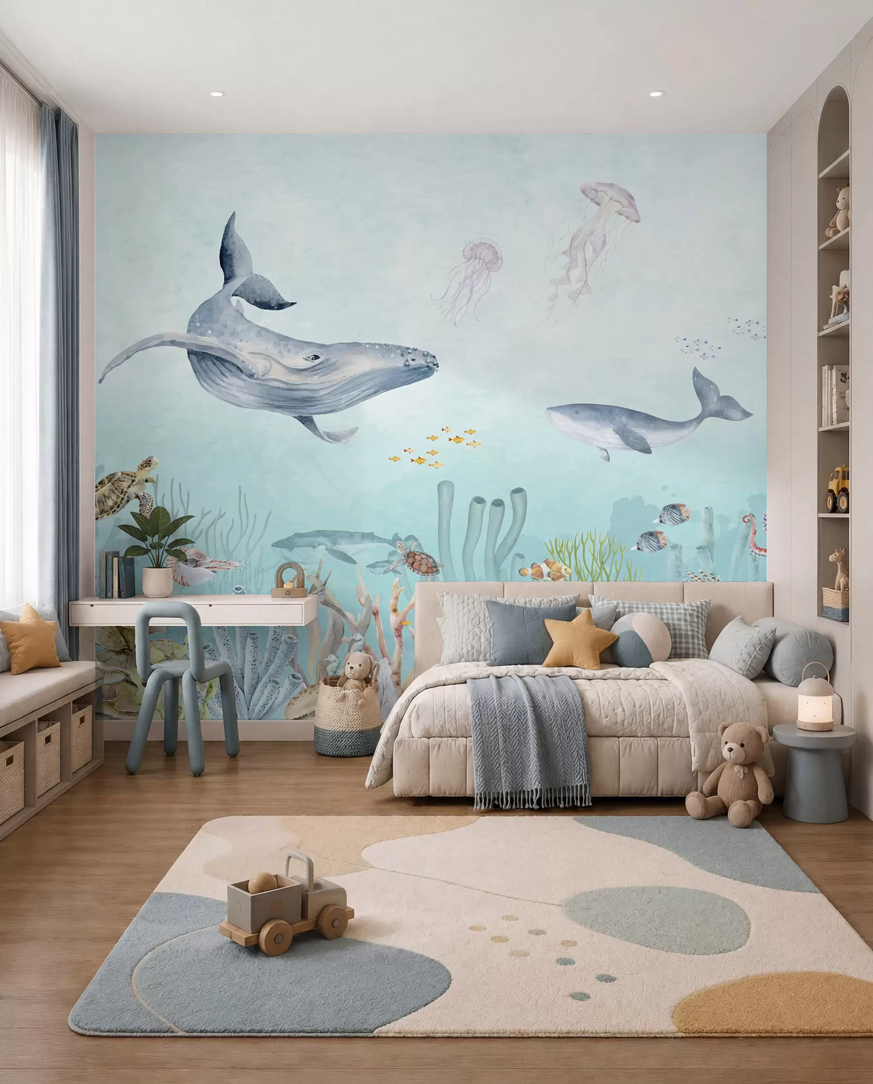 murales de pared Universo marino, grandes ballenas, peces y tortugas u95446