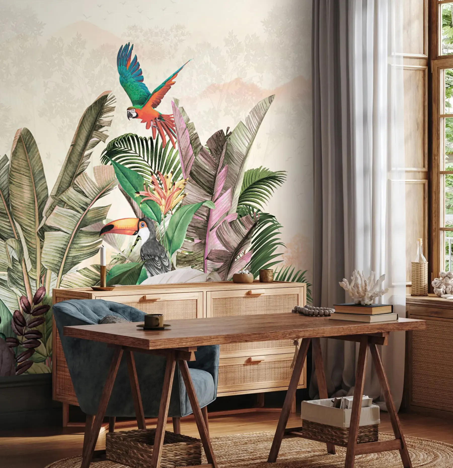 murales de pared Loro de pájaros tropicales vintage en hojas tropicales u96144