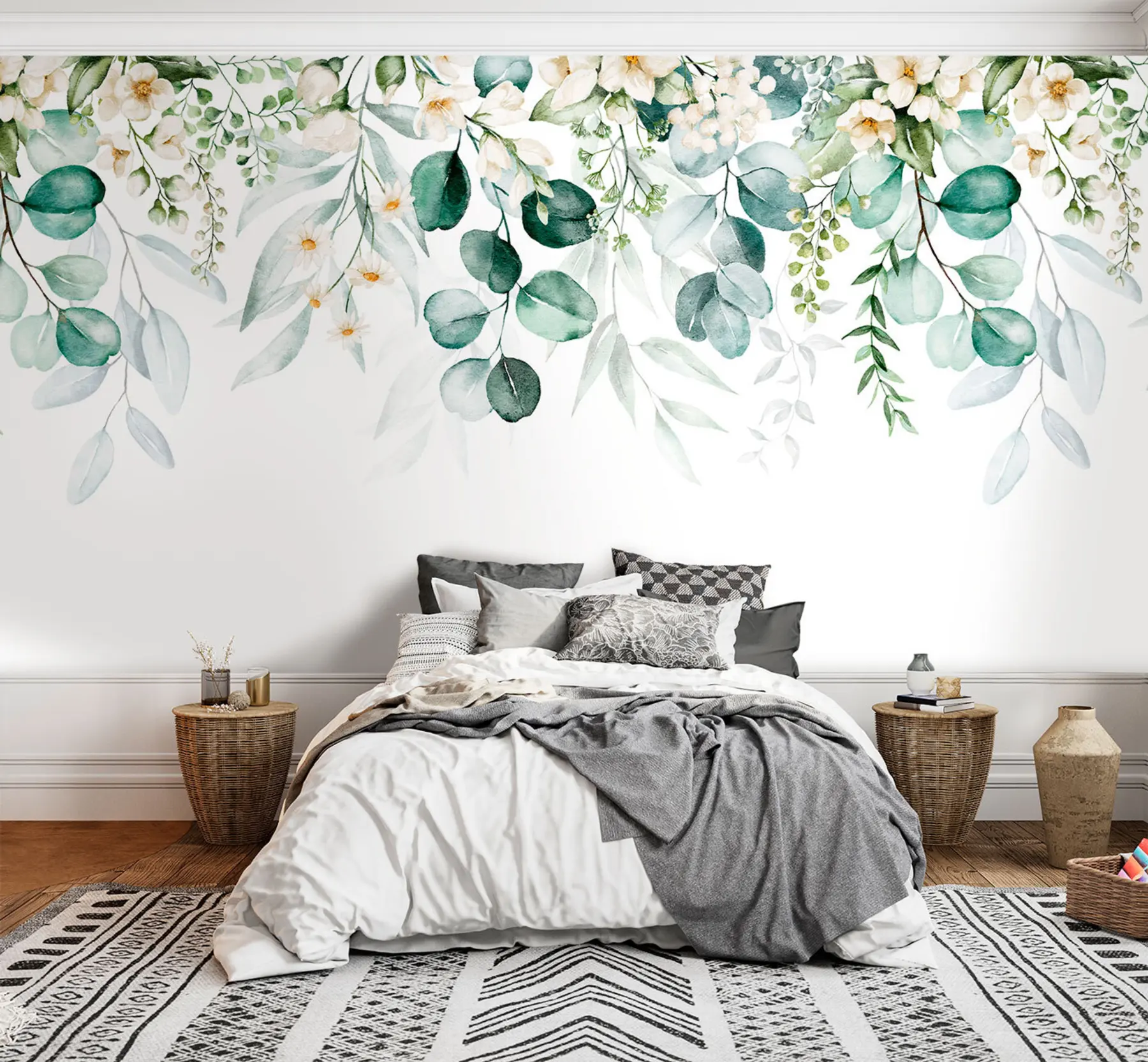 murales de pared Ilustración con hojas verdes, flores blancas, peonía y ramas u96063
