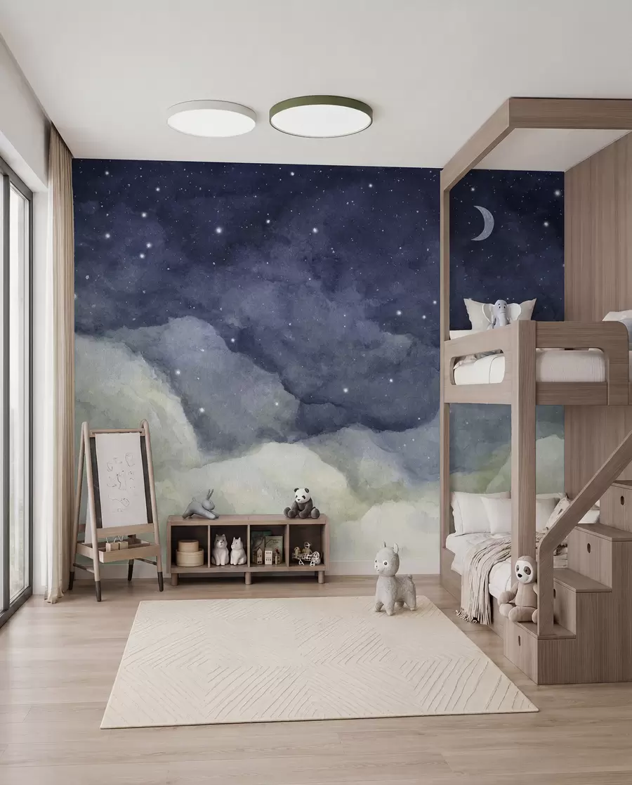 murales de pared Pintura acuarela del cielo nocturno con luna creciente y estrellas brillantes u96076