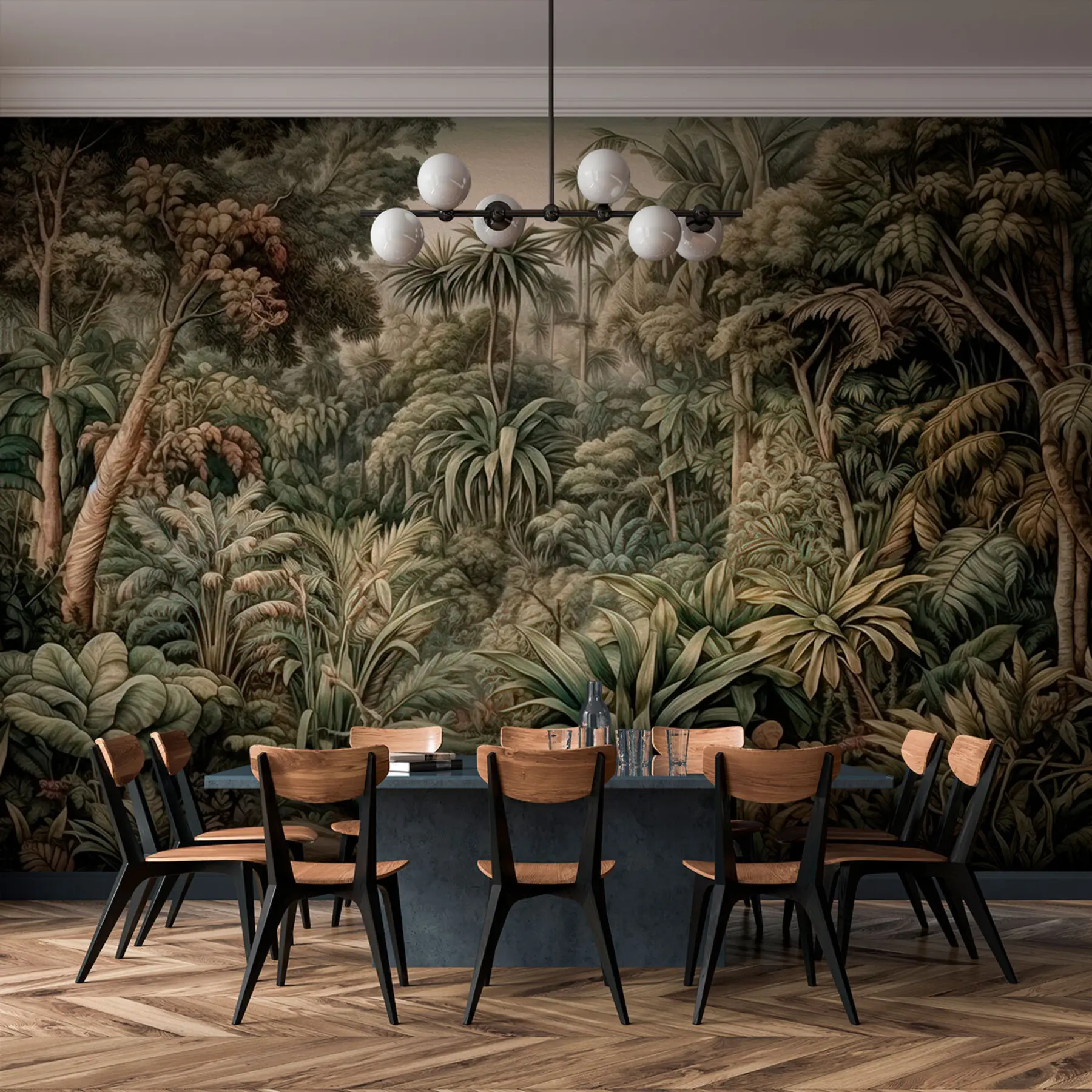 murales de pared Hermosa selva verde abstracta con hojas tropicales u96093