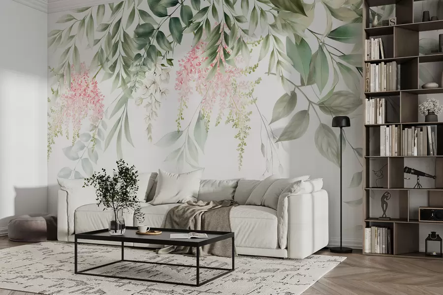 murales de pared Follaje con flores rosas u95923