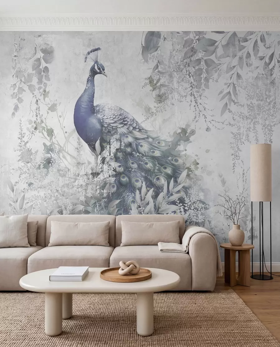 murales de pared Pavo real entre hojas plata u96727