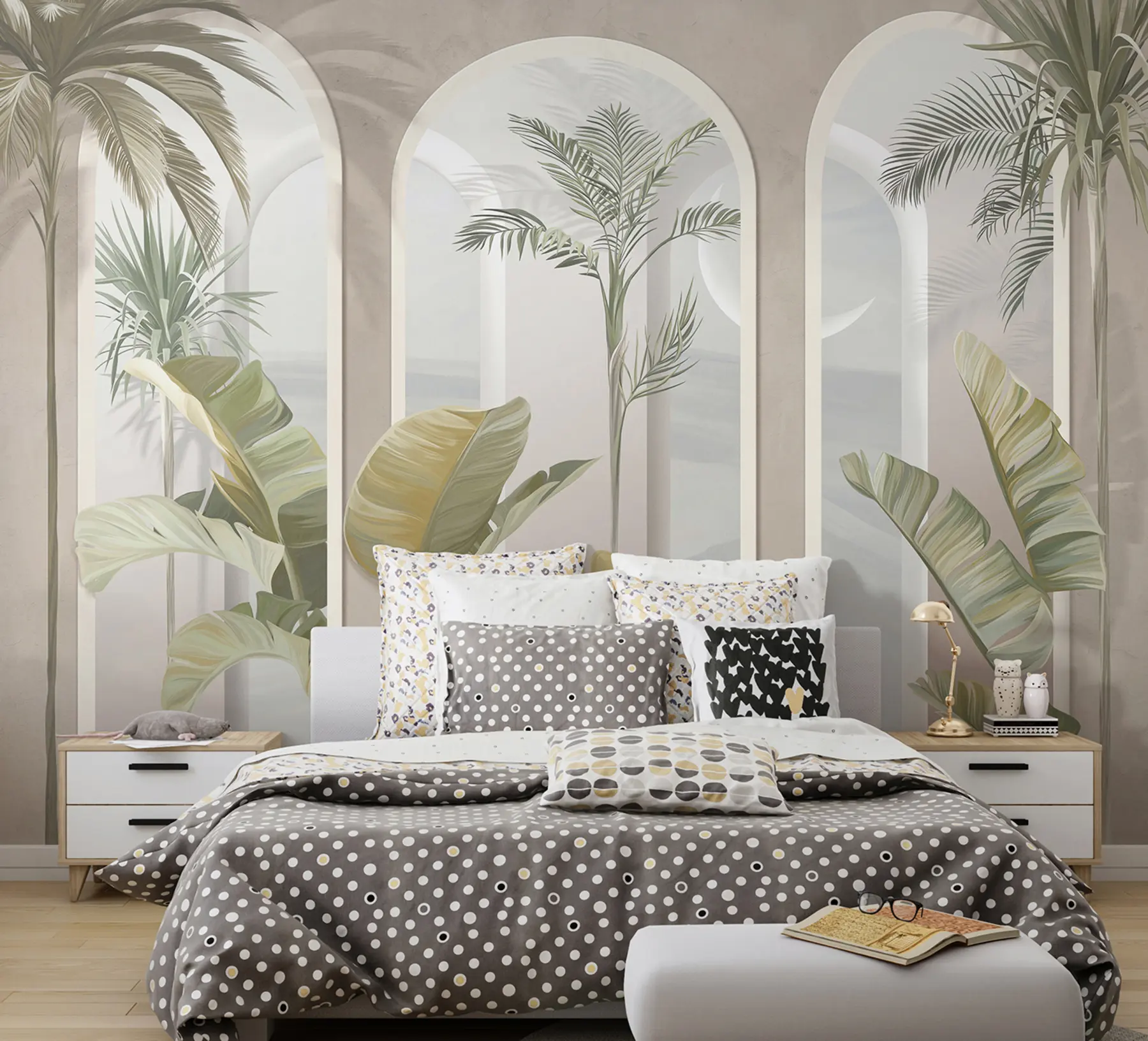 murales de pared Hojas tropicales 3D con palmeras y columnas u96402