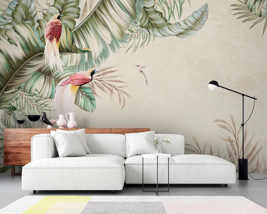 murales de pared Plantas tropicales y pájaros sobre fondo texturizado u96550