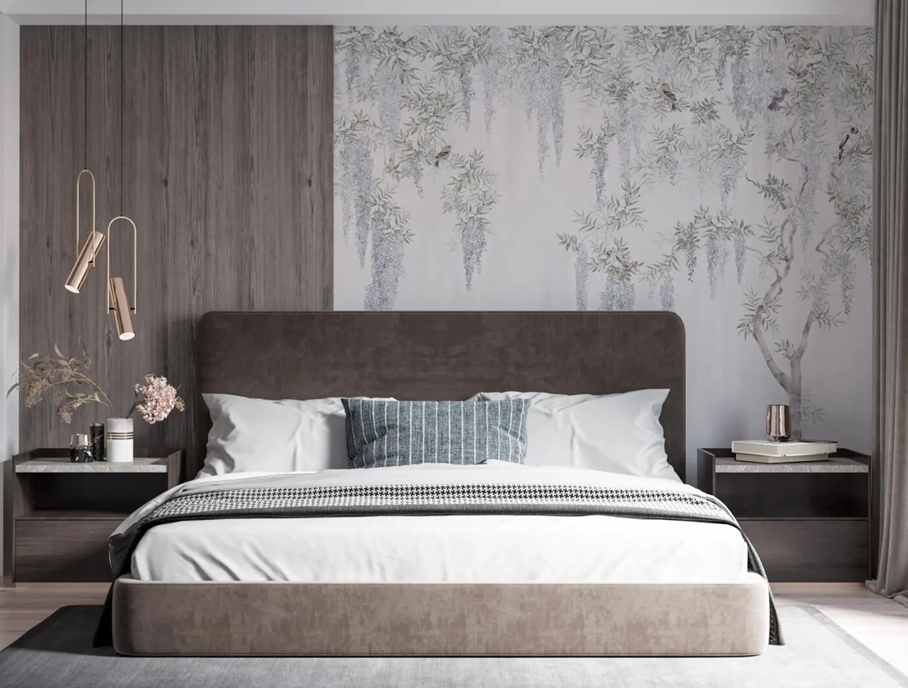 murales de pared Flores de glicina, glicina, minimalismo, monocromo, loft y estilo japonés. u96928