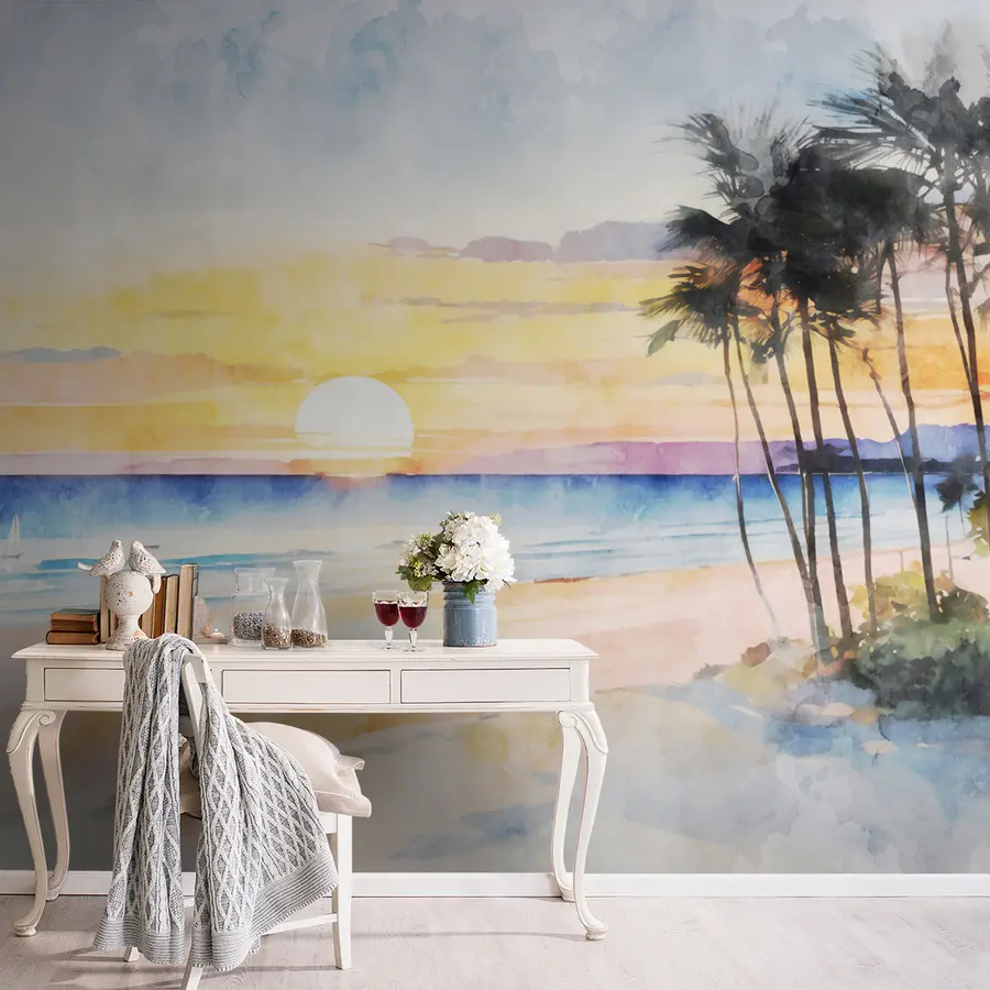 murales de pared Atardecer acuarela en la playa u97297