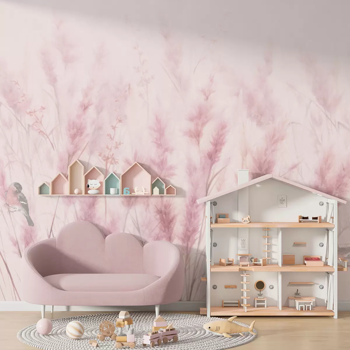 murales de pared Flores silvestres rosadas con pájaros, campos de juncos u97467