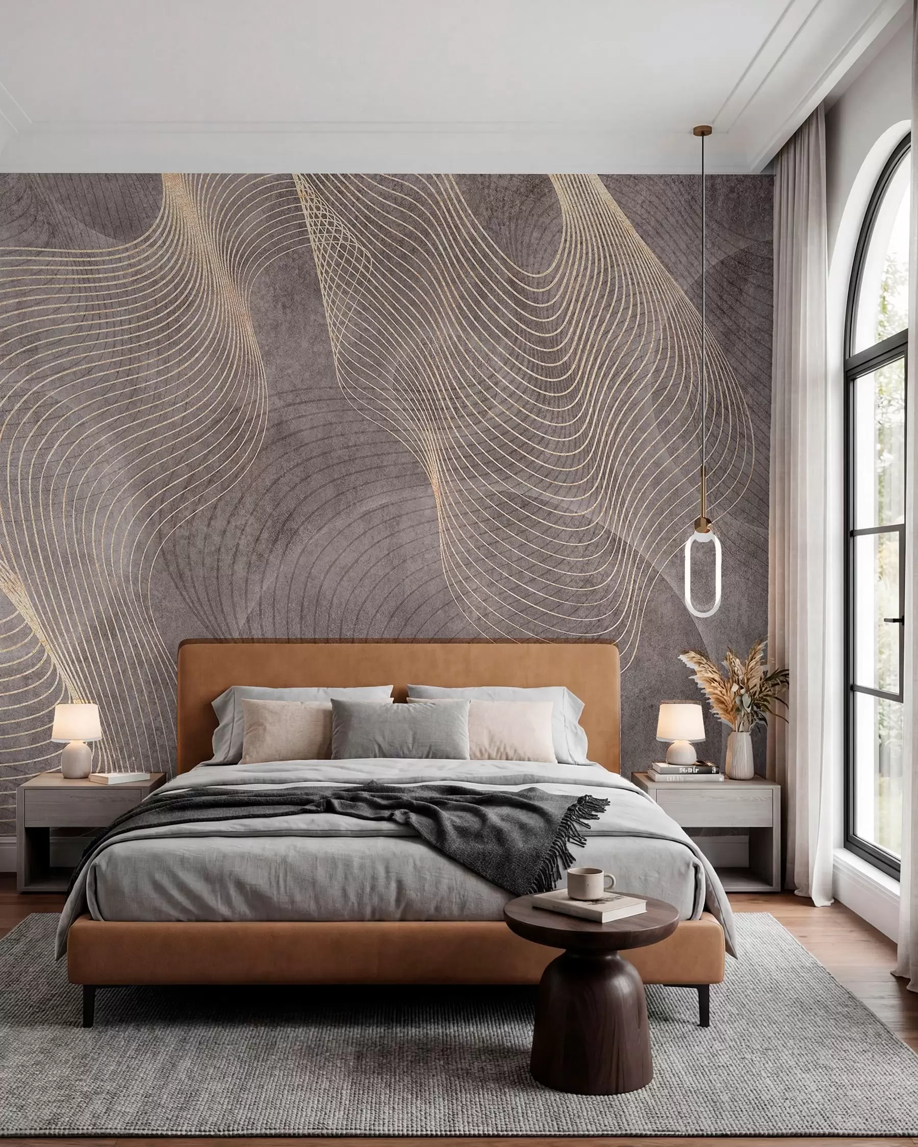 murales de pared Líneas onduladas en colores arena y beige u97469
