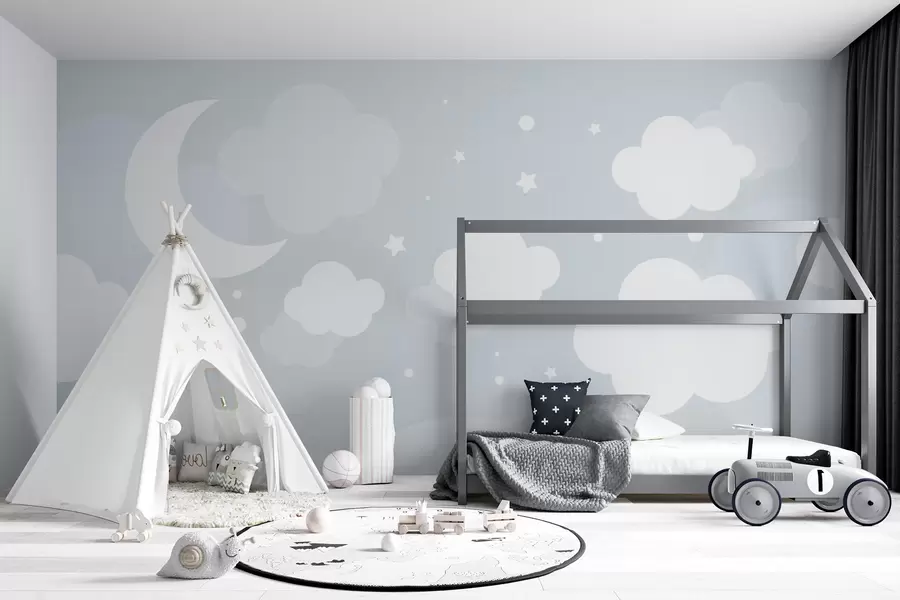 murales de pared Lindo fondo de pantalla con nubes, estrellas y luna sobre un fondo azul. u97510