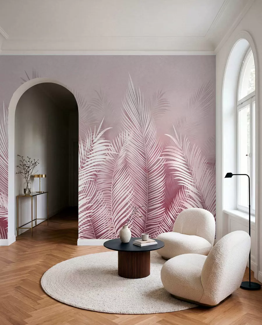murales de pared Palmeras blancas sobre fondo rosa granzh. en colores rosa u74601v2