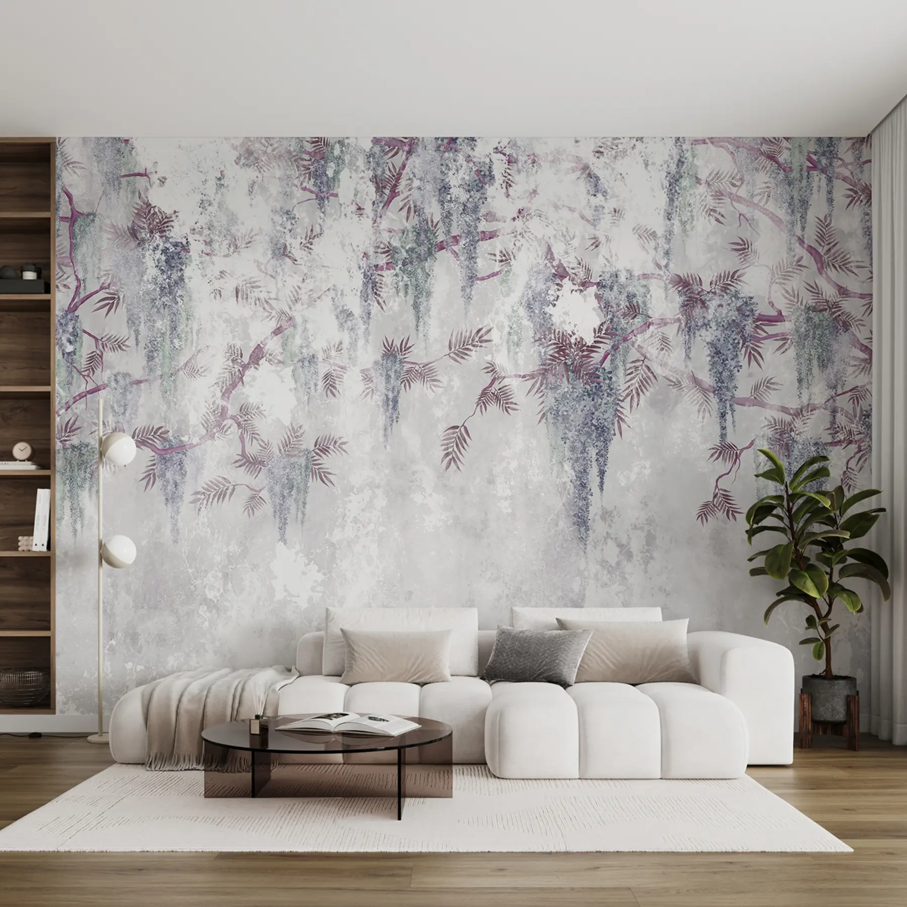 murales de pared Colgante de moda grunge ramas con flores de color púrpura en colores azules u73816v2