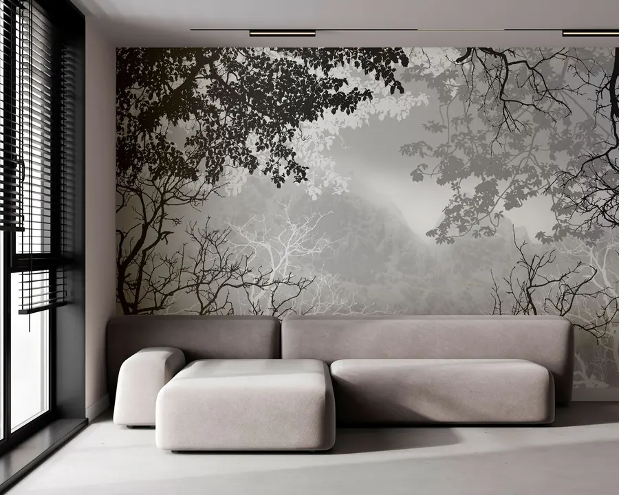 murales de pared Ilustración de bosque sobre fondo de montañas con niebla u98050