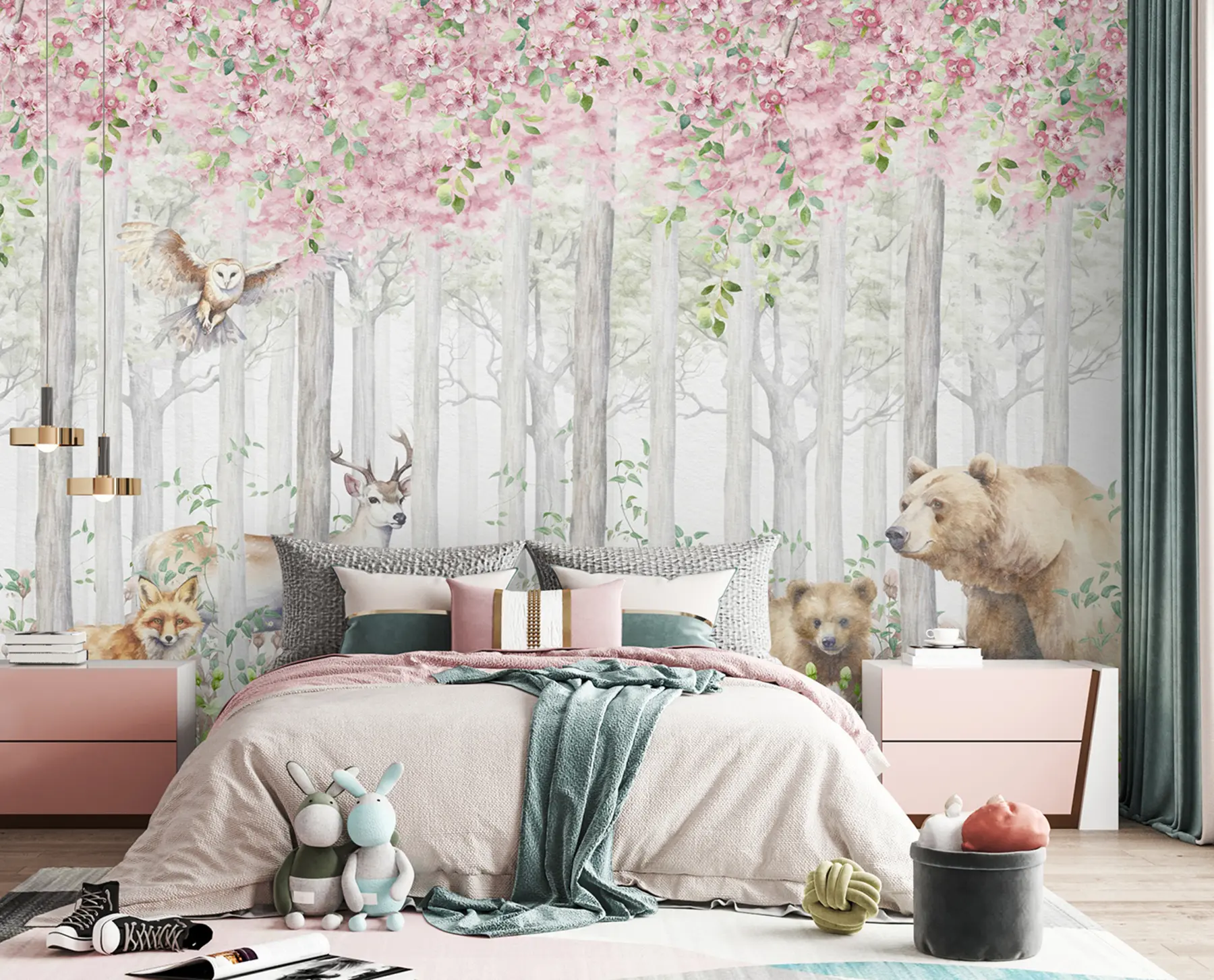 murales de pared Bosque en flor con animales u97614