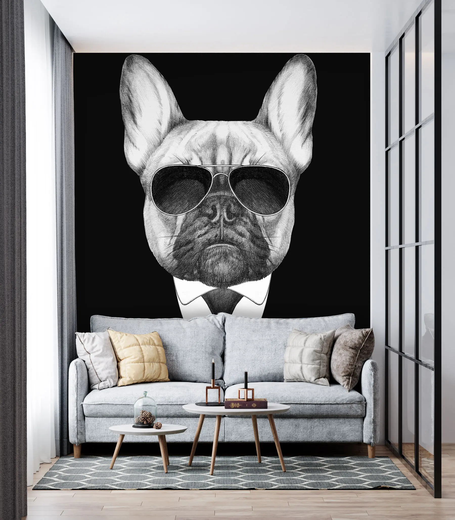 murales de pared Retrato de un Bulldog Francés con traje y gafas de sol u98183