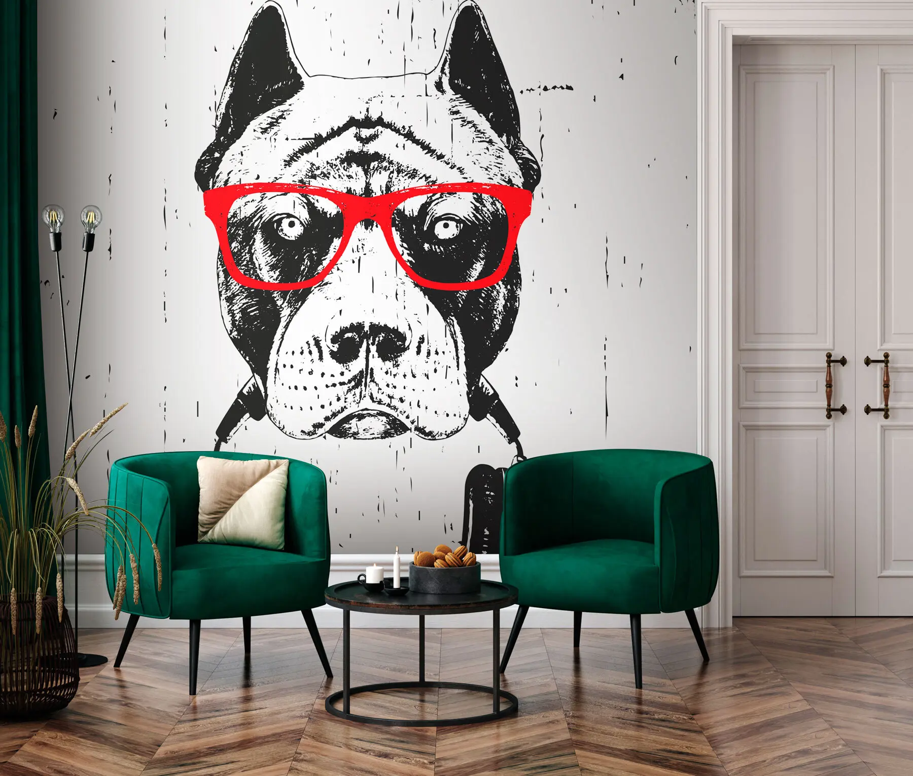 murales de pared Retrato de Pitbull con gafas y auriculares u98184