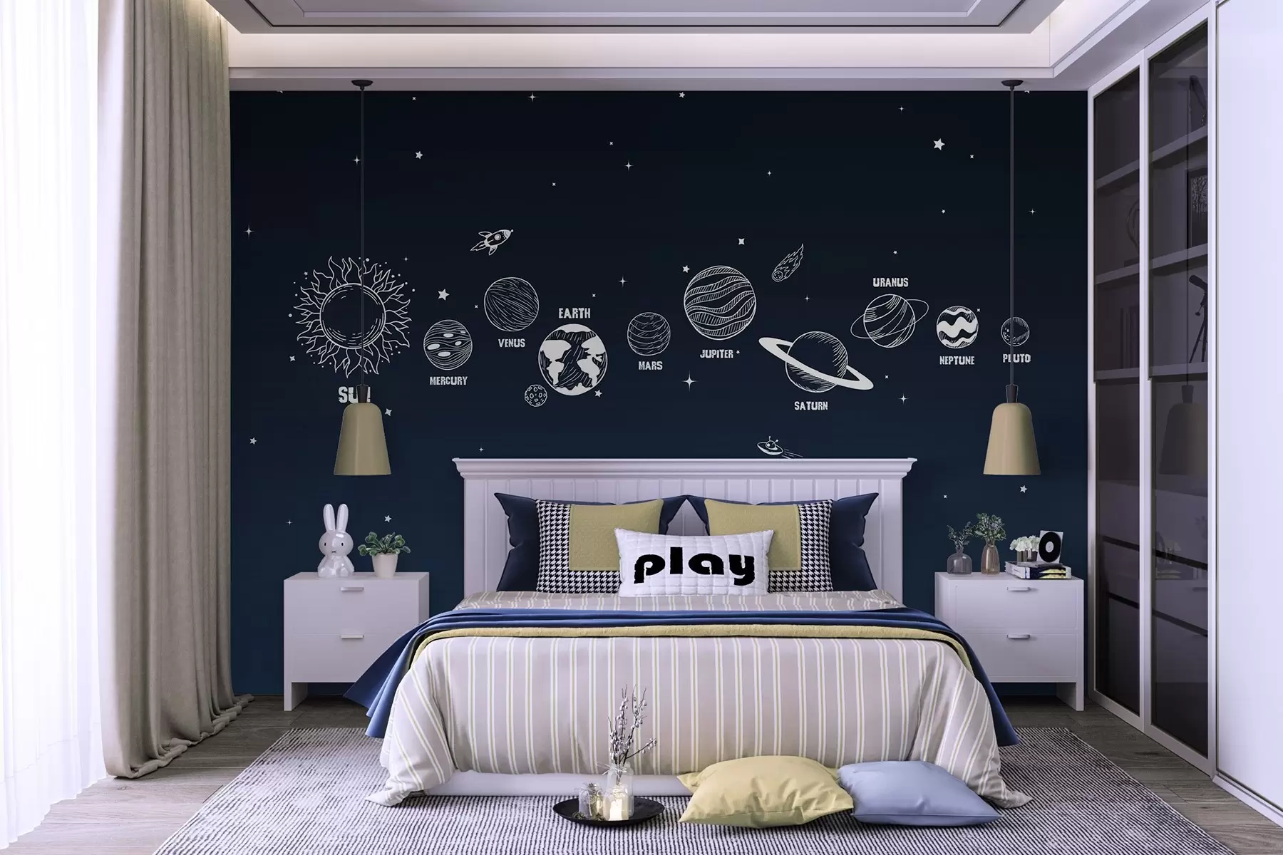 murales de pared Planetas del Sistema Solar, estilo garabato minimalista, fondo de cielo degradado u98768v1