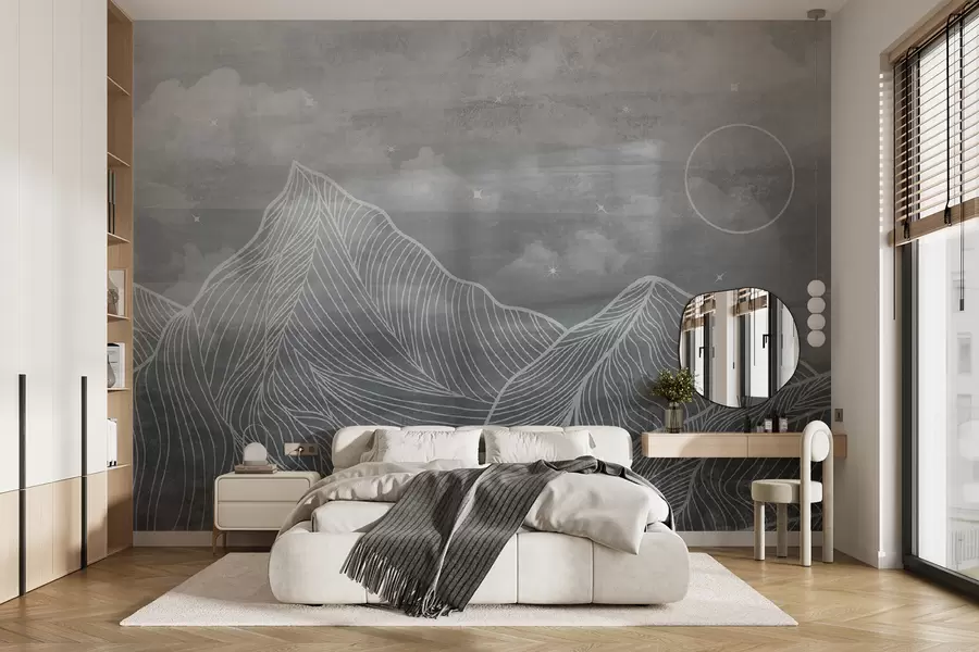 murales de pared Textura grunge con nubes y montañas, color gris, arte temático de la naturaleza u98838v1
