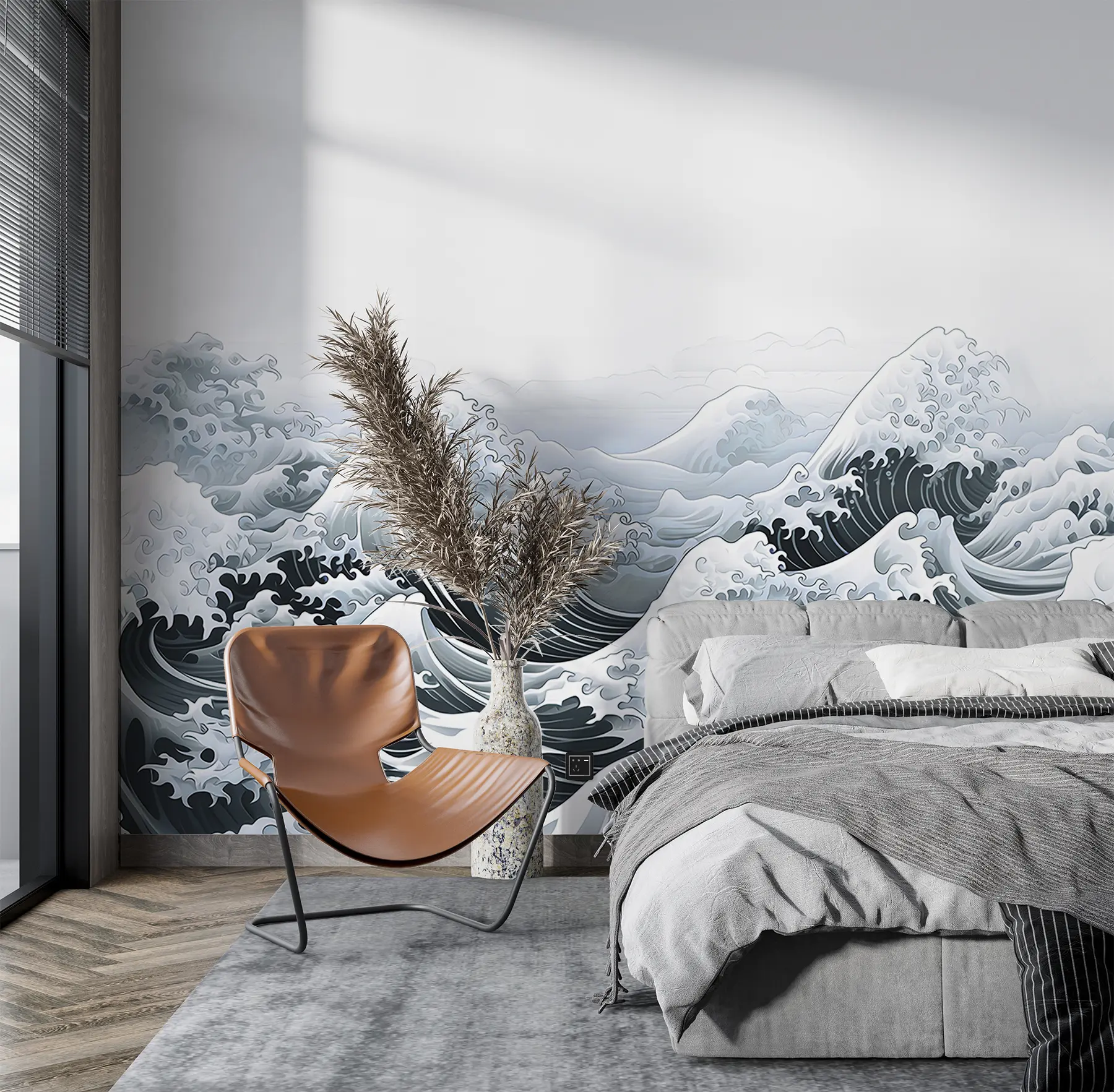 murales de pared Olas de mar de estilo japonés, tema oceánico, marino, colores suaves u98898