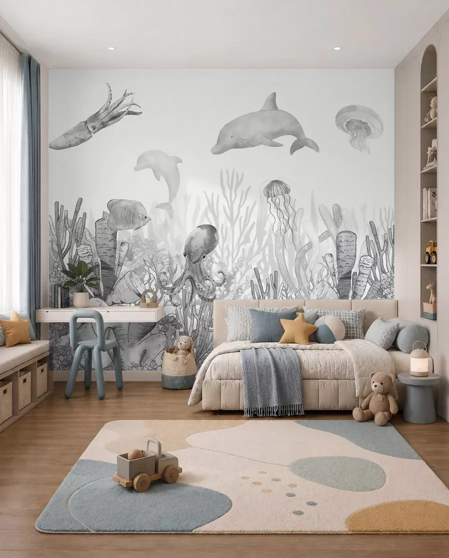 murales de pared Vida marina submarina, animales marinos, acuarela color gris, corales, delfín, pulpo u98899v1