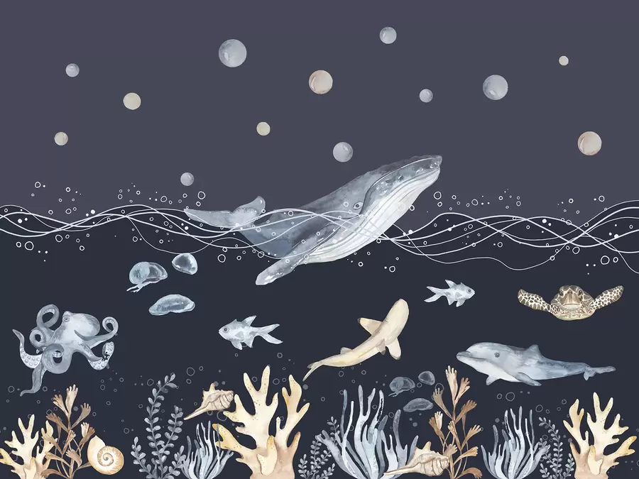 murales de pared Vida marina submarina, ballena, delfín, corales, animales marinos, beige y azul u98902v1