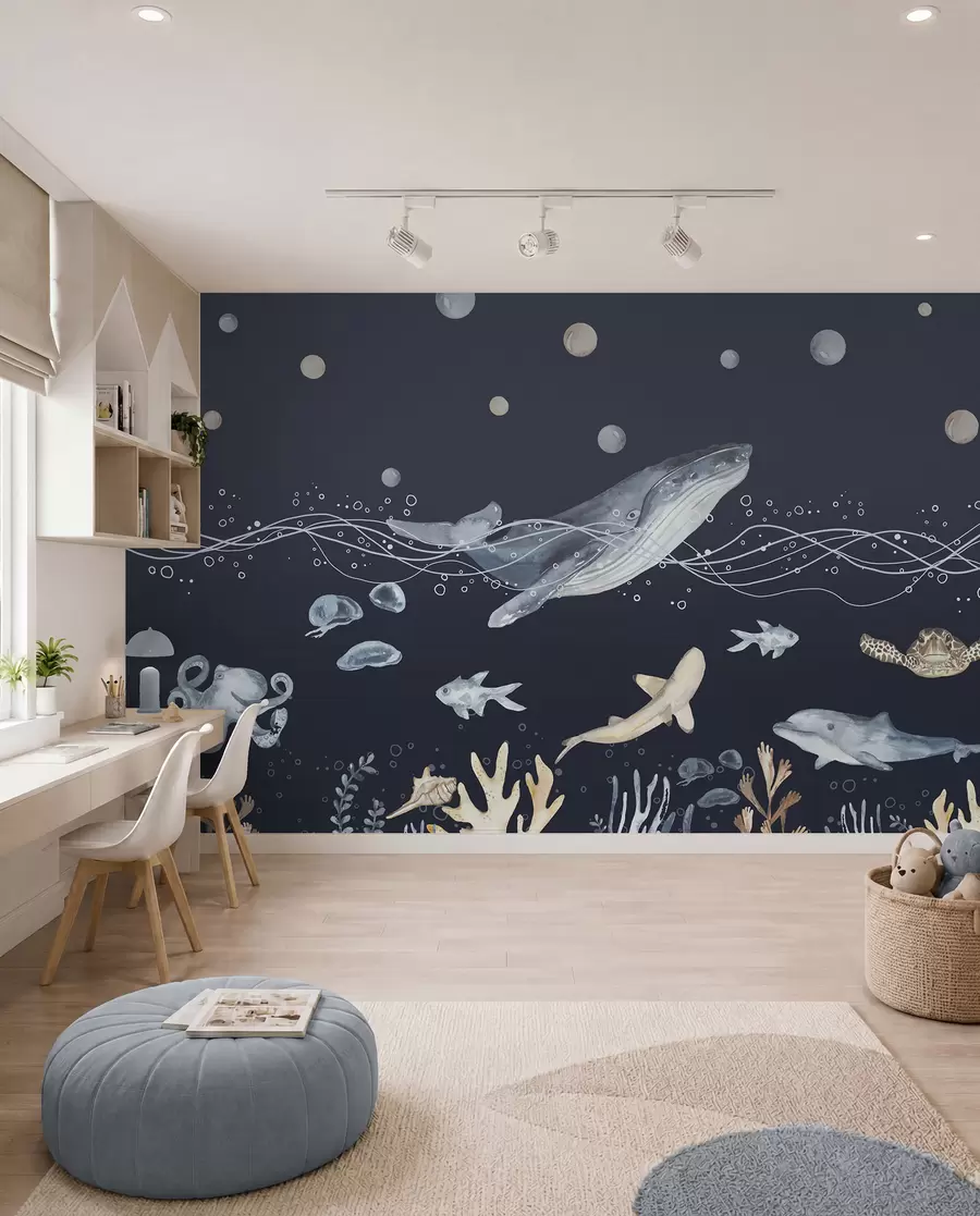 murales de pared Vida marina submarina, ballena, delfín, corales, animales marinos, beige y azul u98902v1