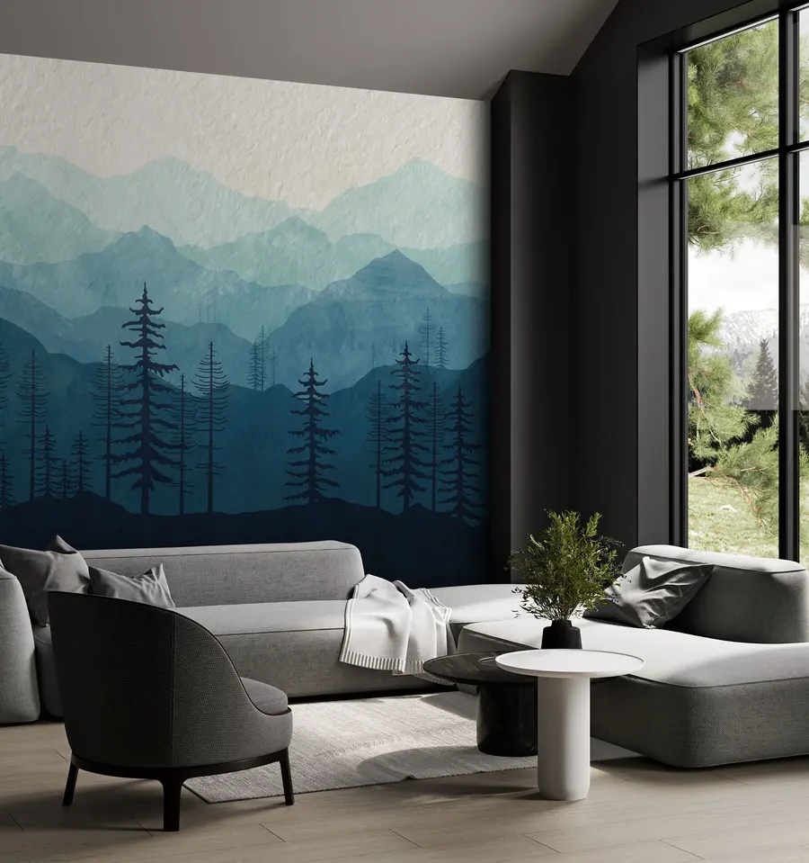 murales de pared Montañas de azul monocromo con textura de acuarela u98925