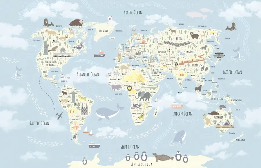 murales de pared Mapamundi infantil con animales y puntos de referencia u96587