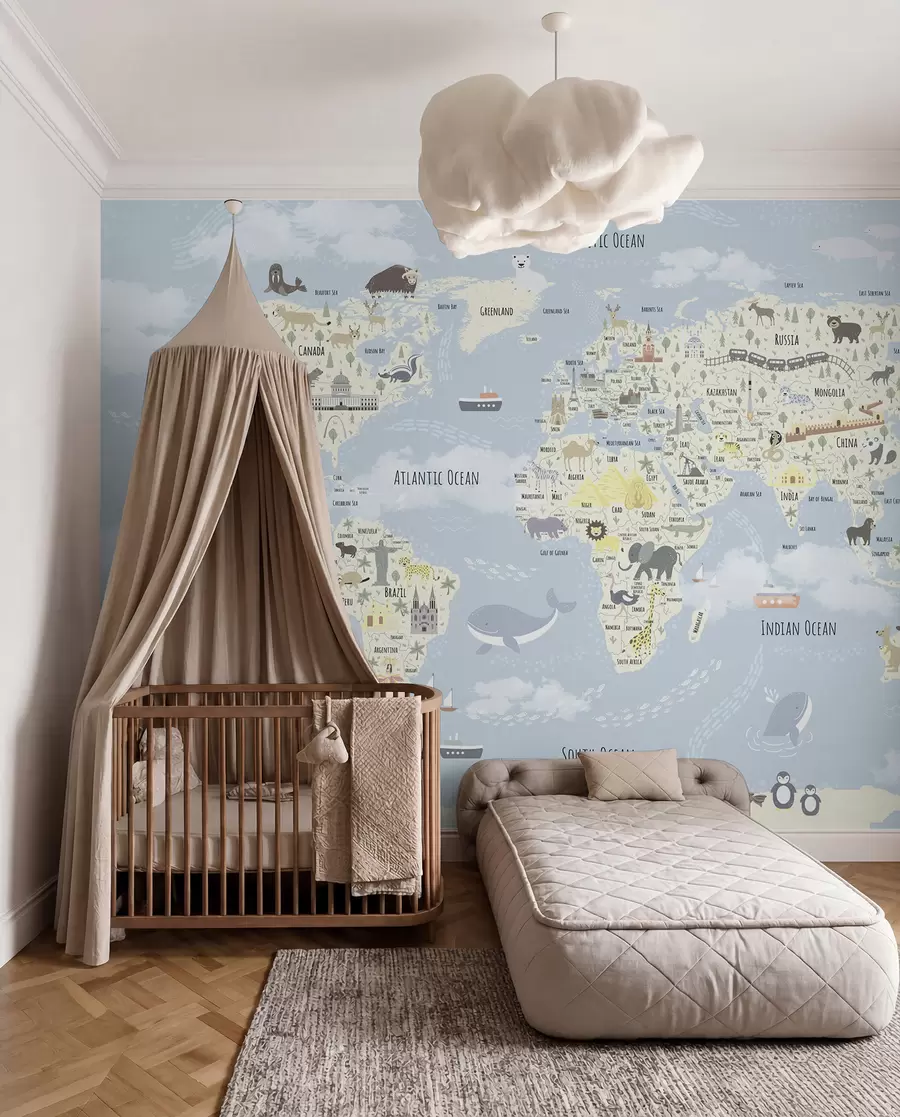 murales de pared Mapamundi infantil con animales y puntos de referencia u96587