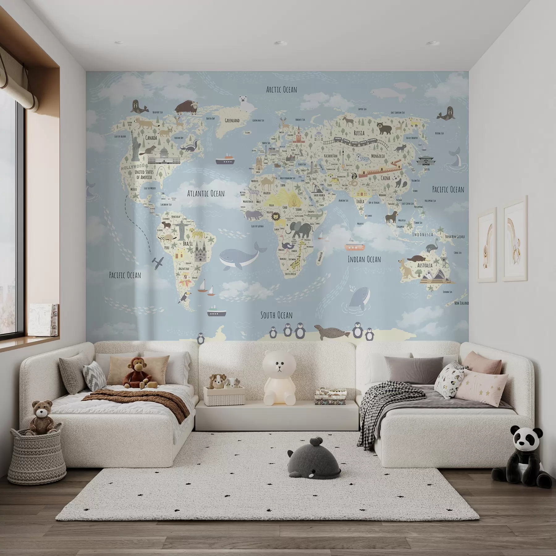 murales de pared Mapamundi infantil con animales y puntos de referencia u96587
