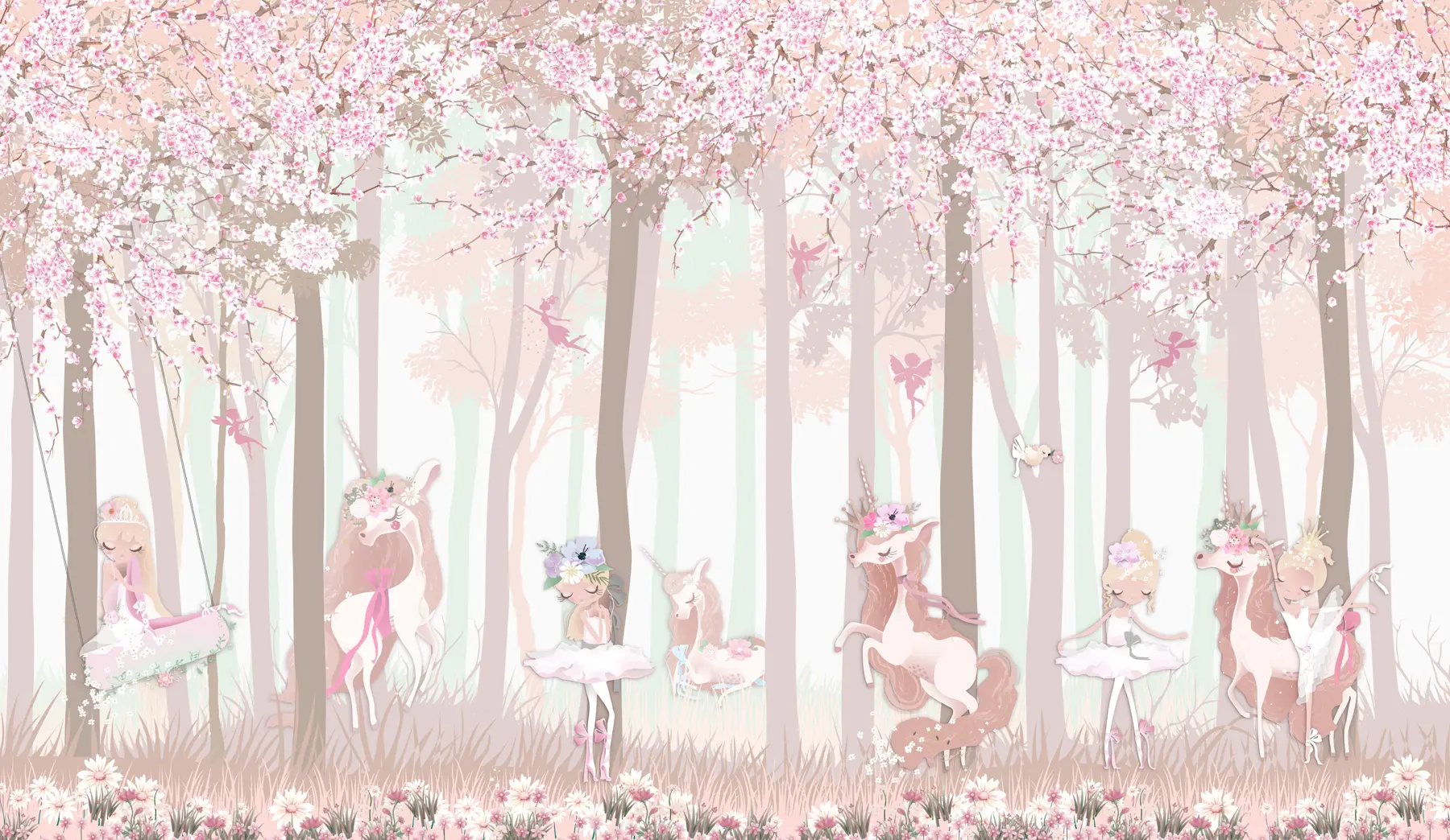 murales de pared Un bosque con princesas y unicornios u98694