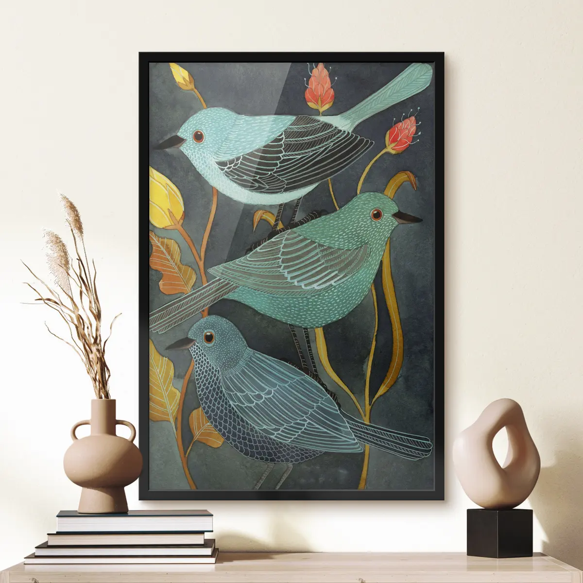 Poster Pájaros de colores en medio de un follaje vibrante f03061