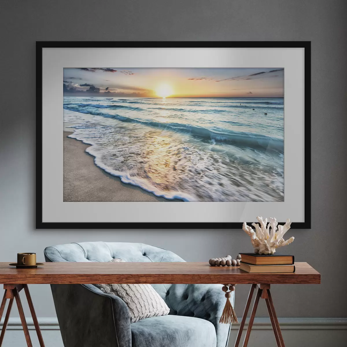Poster Puesta de sol sobre las tranquilas olas del océano f08091