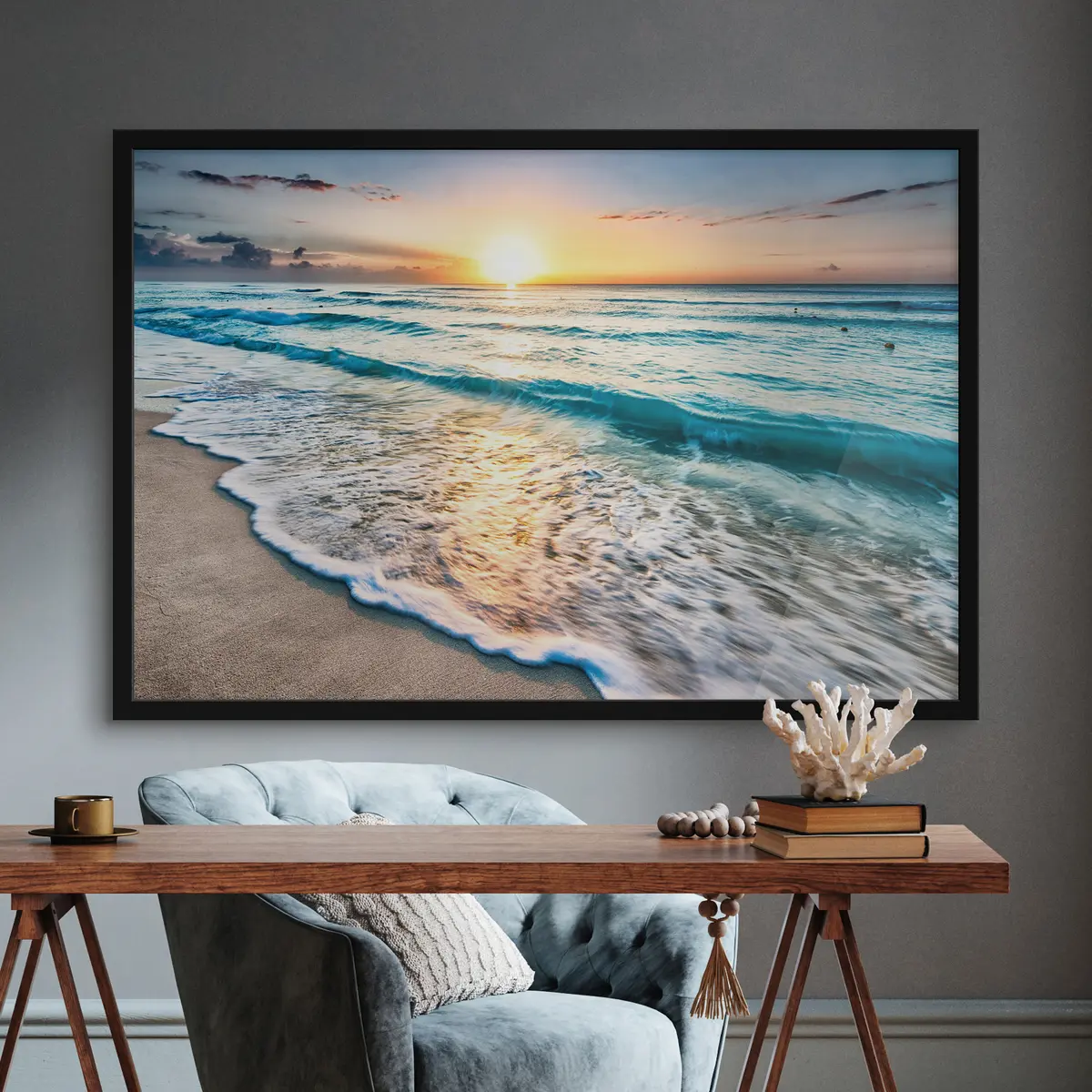 Poster Puesta de sol sobre las tranquilas olas del océano f08091