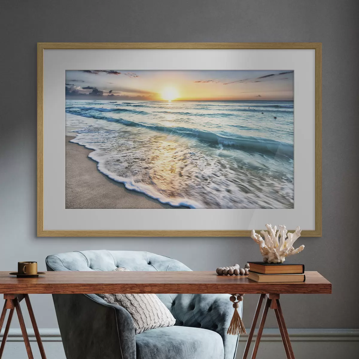 Poster Puesta de sol sobre las tranquilas olas del océano f08091