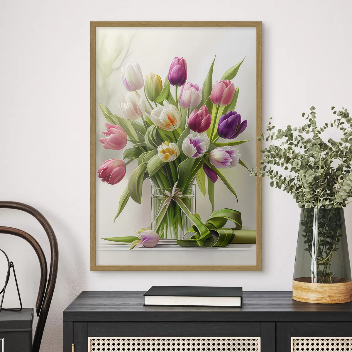 Poster Tulipanes de colores en un jarrón de cristal f31219