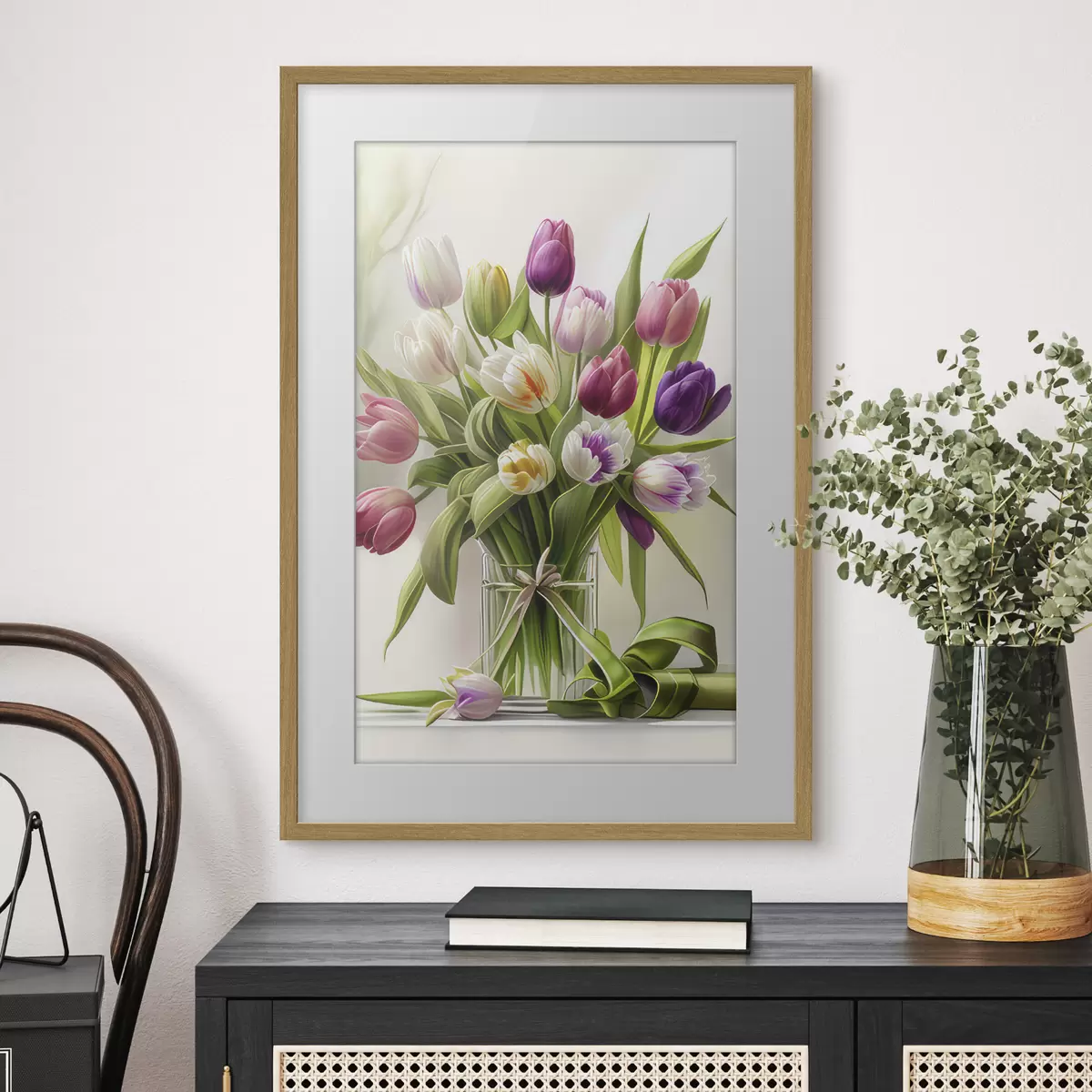 Poster Tulipanes de colores en un jarrón de cristal f31219